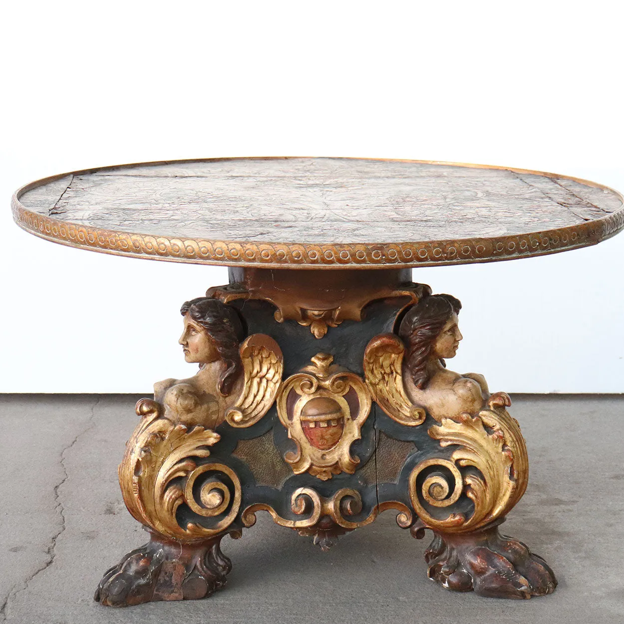 Italian Painted Pine and Embossed Leather Round Pedestal Coffee Table