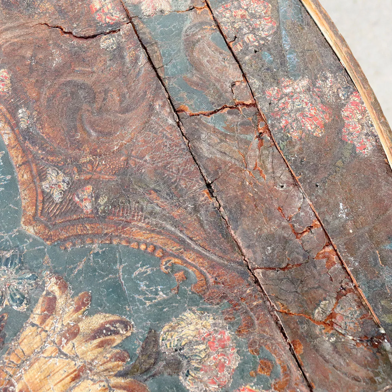 Italian Painted Pine and Embossed Leather Round Pedestal Coffee Table