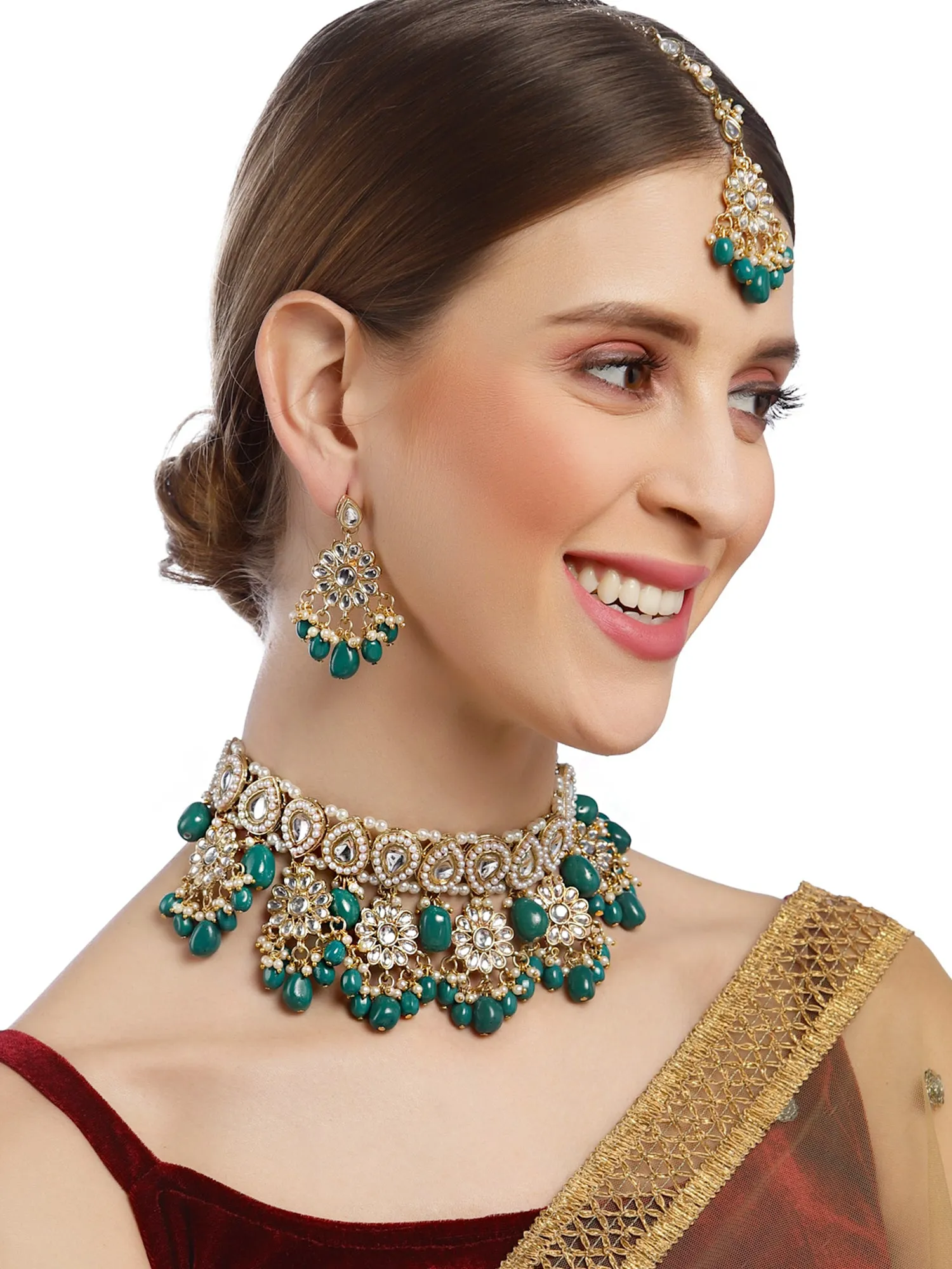 Karatcart Gold Plated Green Tumble Choker Necklace Set