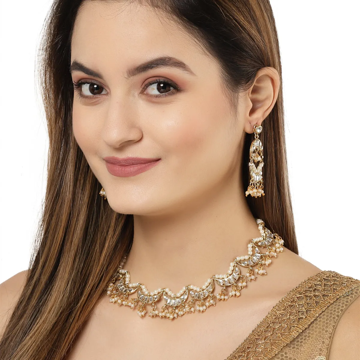 Karatcart Gold Plated Moon Shaped white Kundan Neckalce Setfor Women