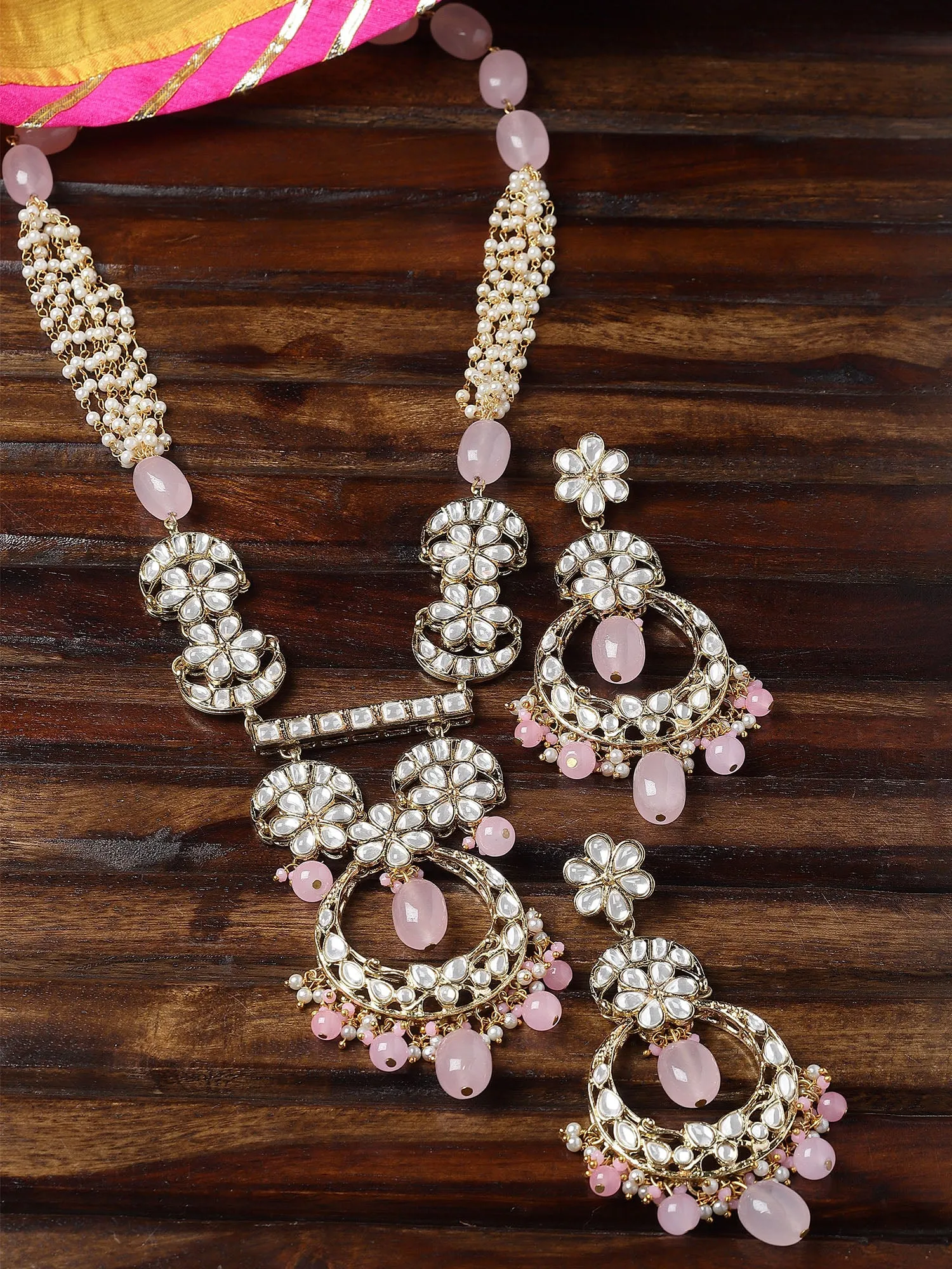 Karatcart Gold Plated Pink Tuble Kundan Rani Haar Necklace Set for Women