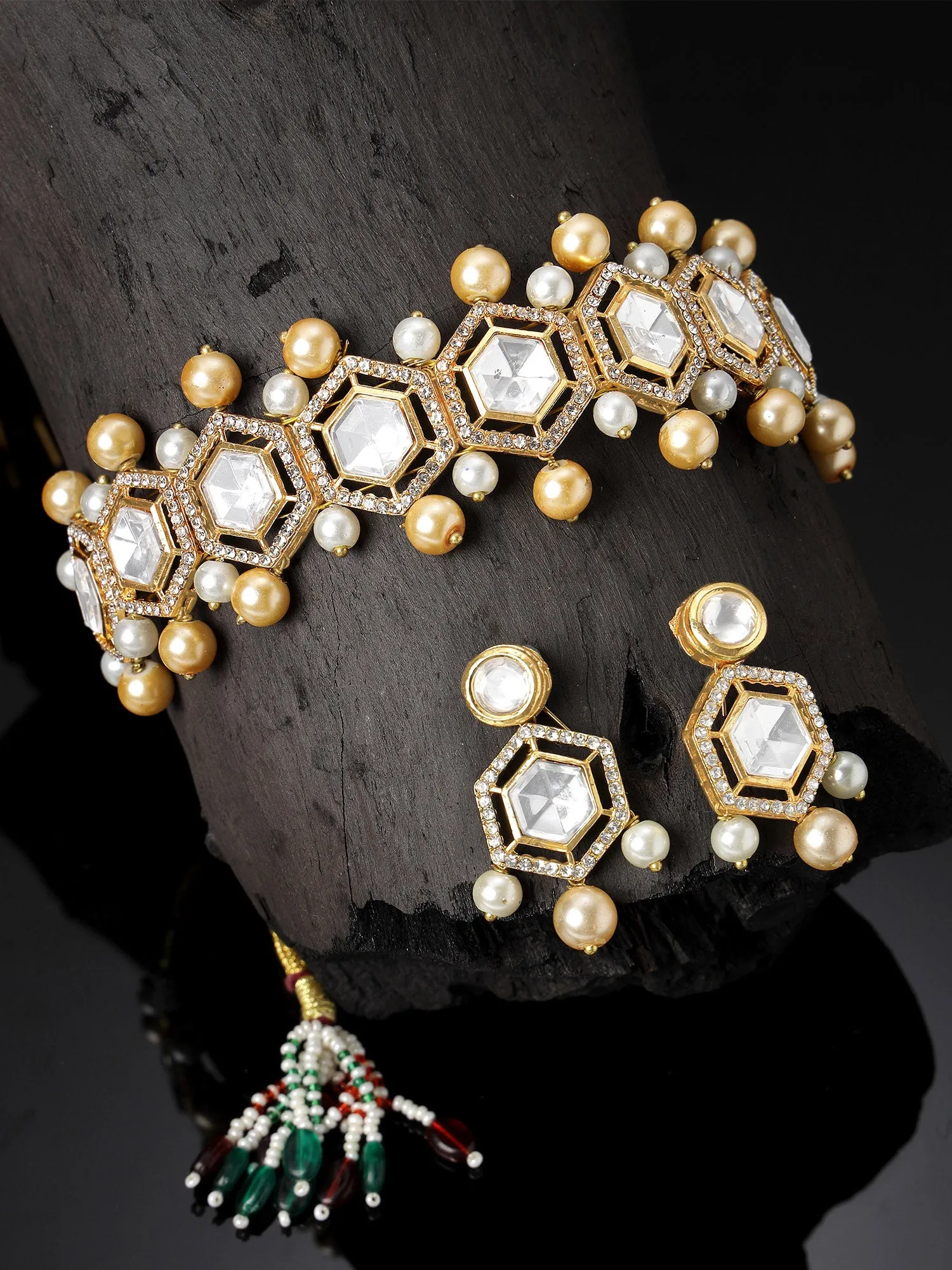 KARATCART Gold Plated Polki Choker Gold Jewellery Set for Women