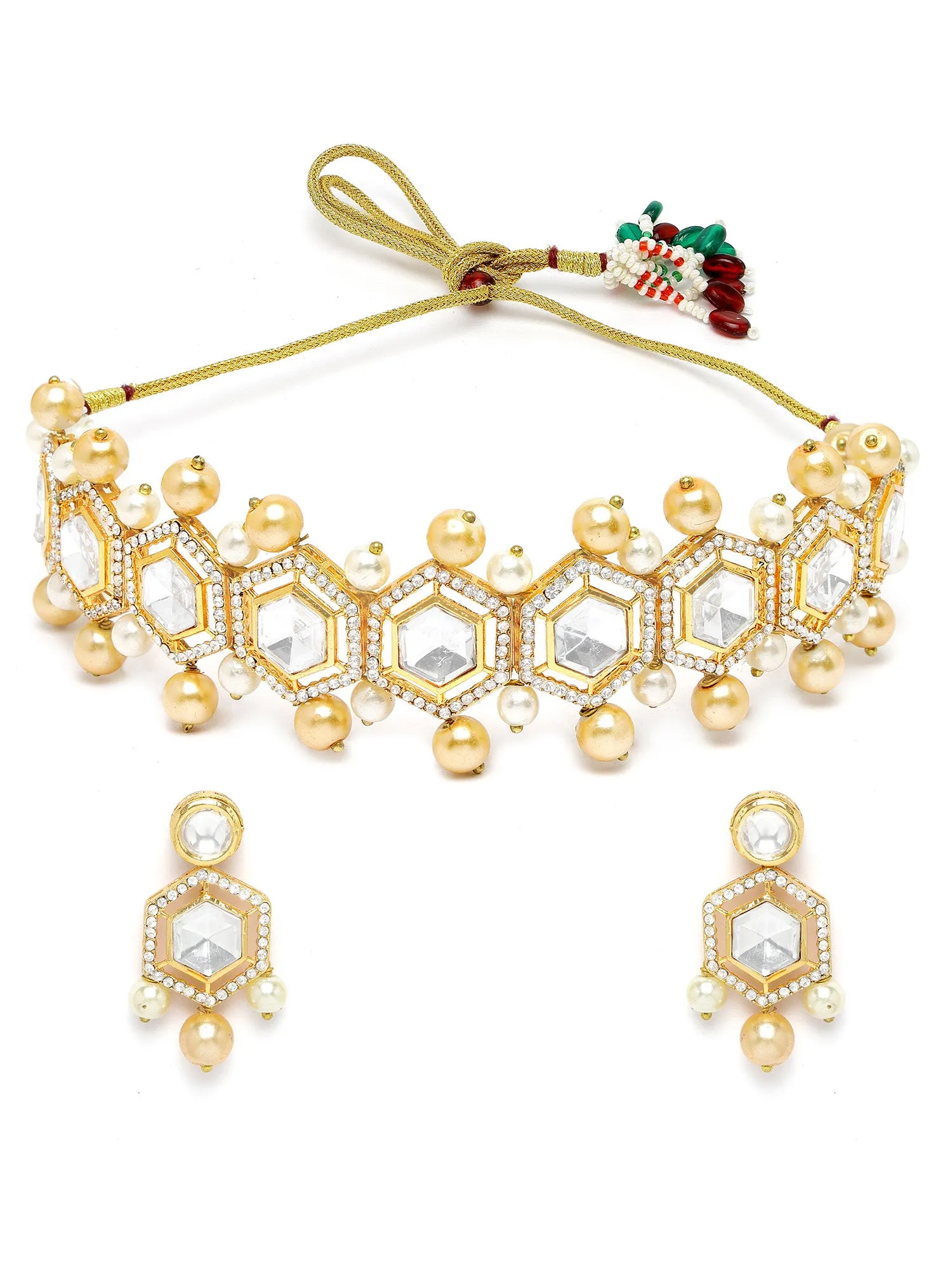 KARATCART Gold Plated Polki Choker Gold Jewellery Set for Women