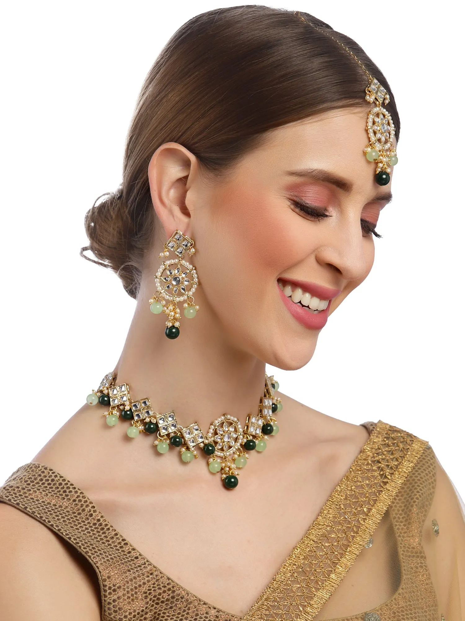 Karatcart Gold Plated Square Shape Green Beads Choker Necklace Set