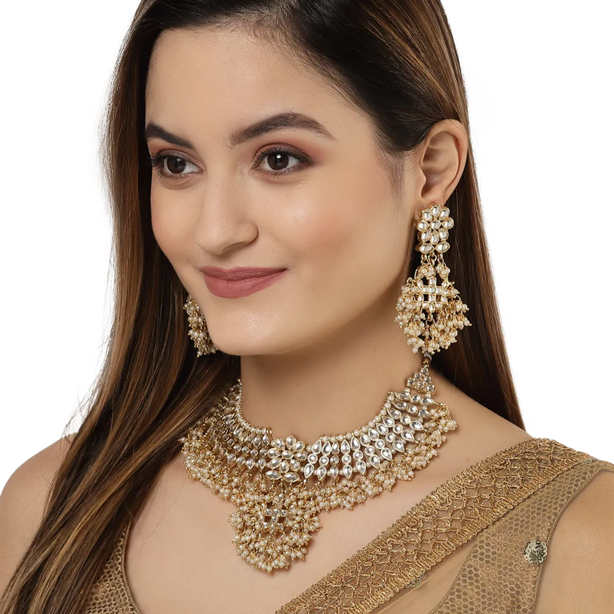 Karatcart Gold Plated Tassel Pearl Kundan Choker Necklace Set for Women