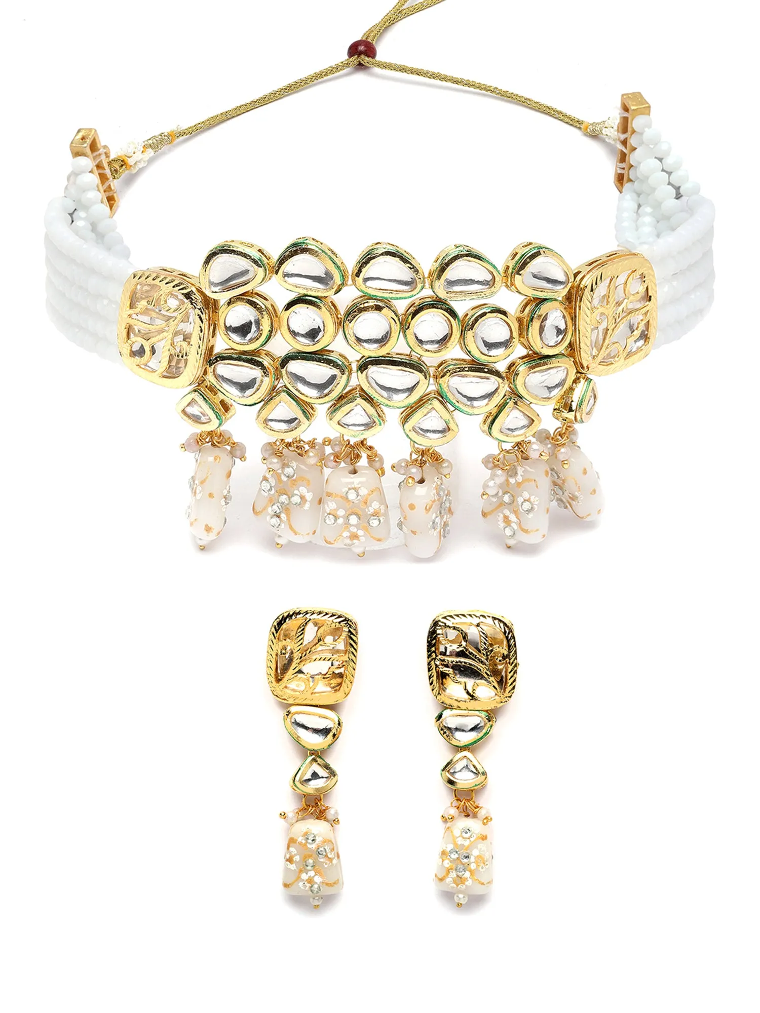 Karatcart Gold Plated White Tumble and Polki Kundan Choker Necklace Set for Women