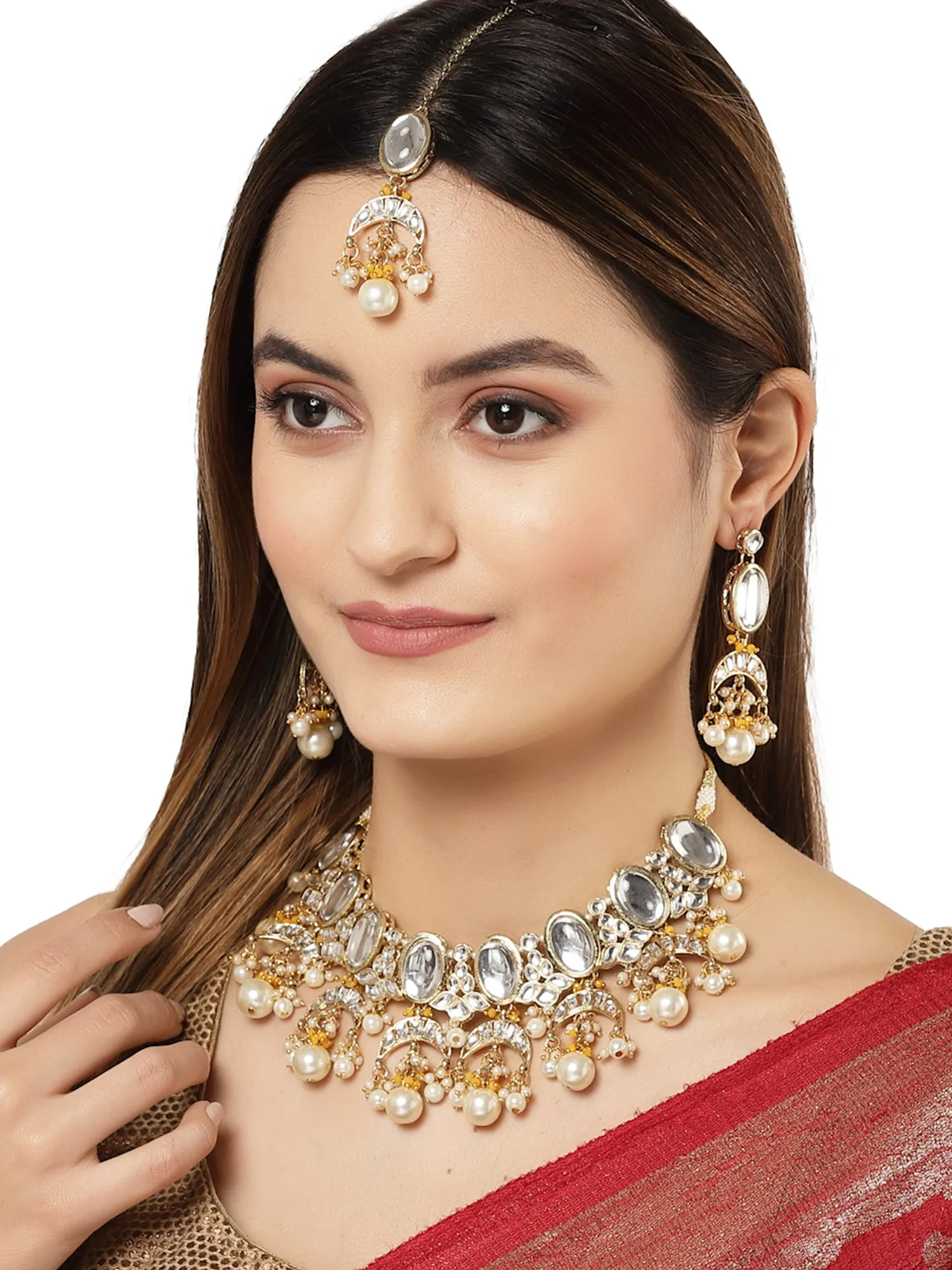 Karatcart Gold Plated Yellow Crystal and Pearl Kundan Choker Necklace Setfor Women