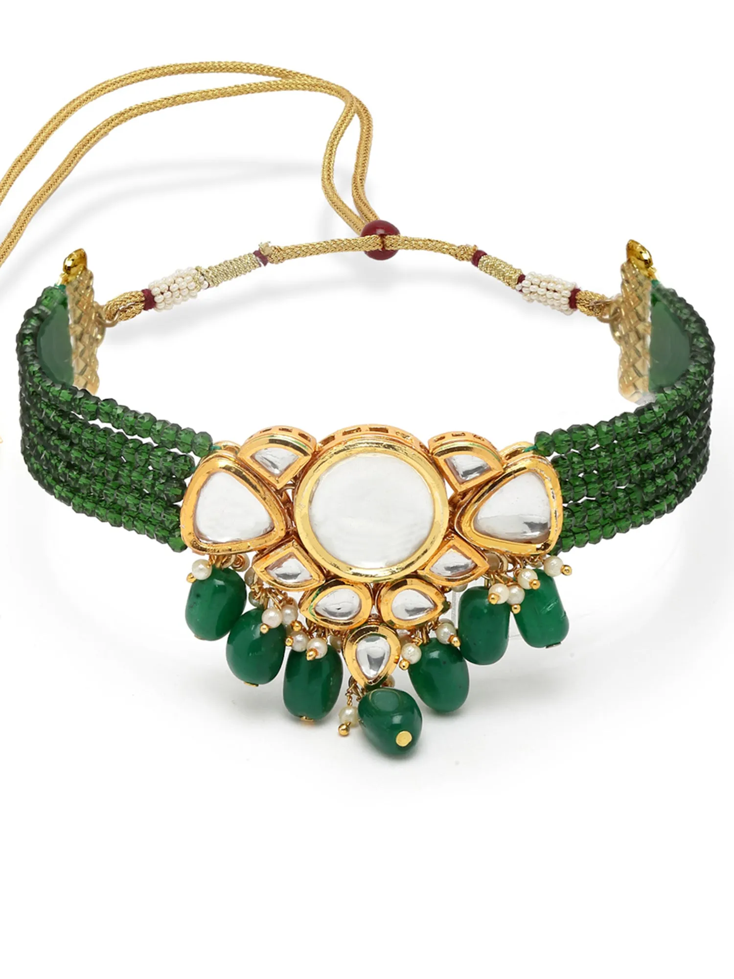 Karatcart Green Gold Plated Crystal and Polki Kundan Choker Necklace Set