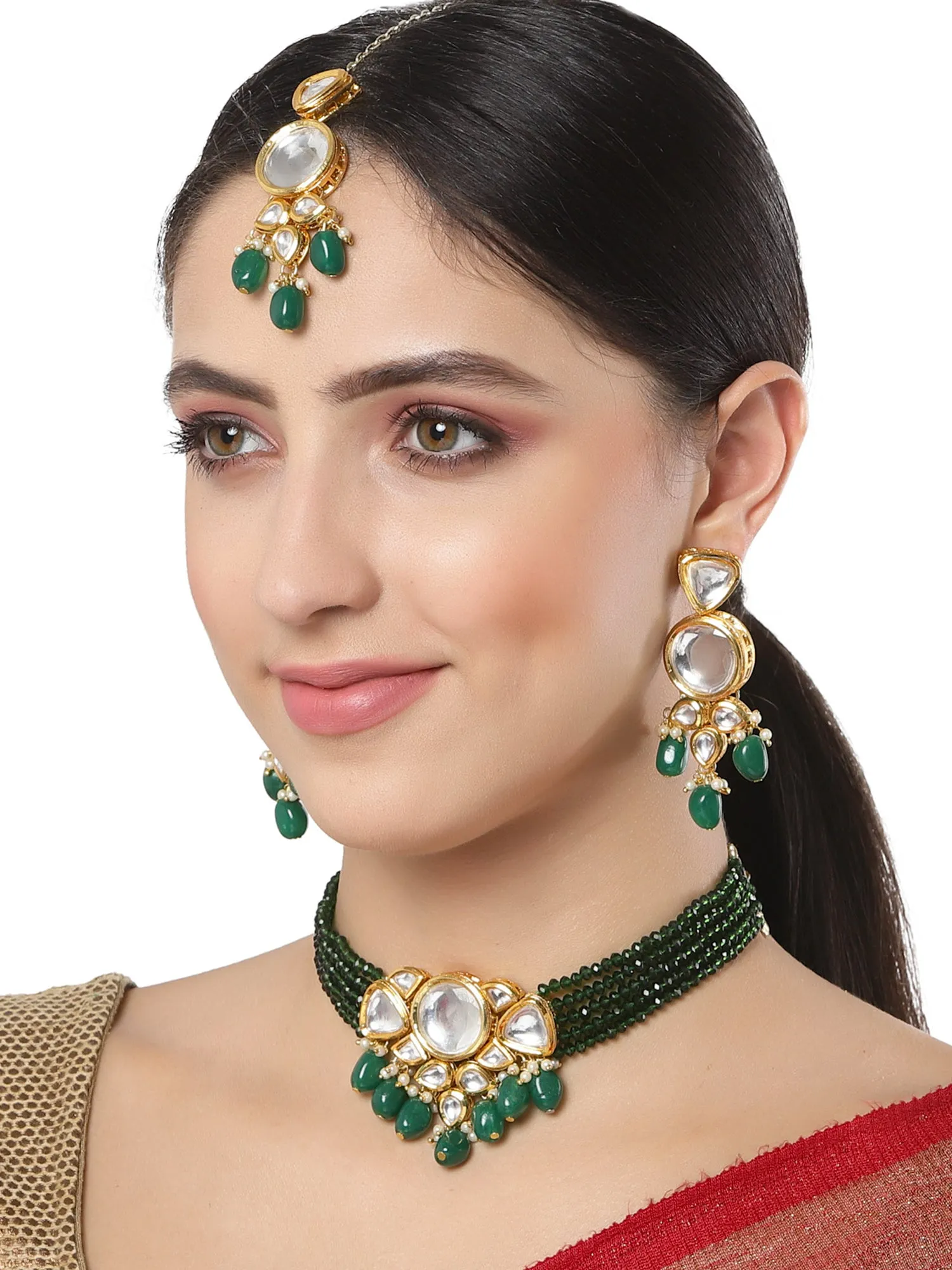 Karatcart Green Gold Plated Crystal and Polki Kundan Choker Necklace Set