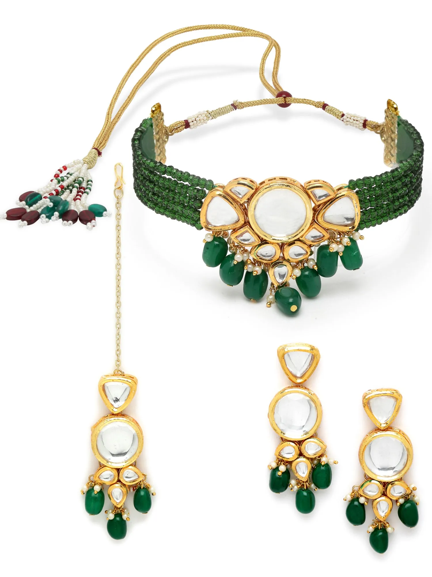 Karatcart Green Gold Plated Crystal and Polki Kundan Choker Necklace Set