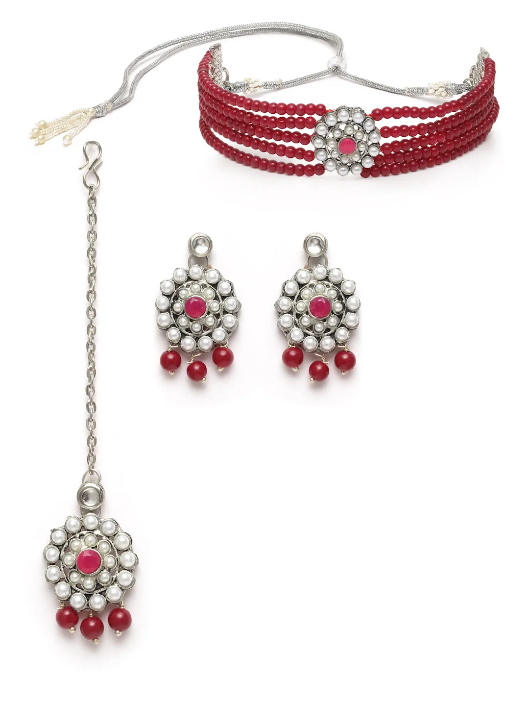 karatcart Oxidised Silver Red Beaded Choker Necklace Setfor Women