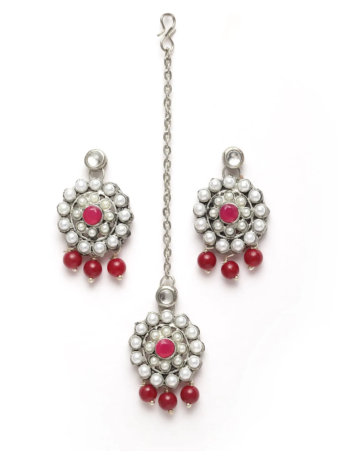 karatcart Oxidised Silver Red Beaded Choker Necklace Setfor Women