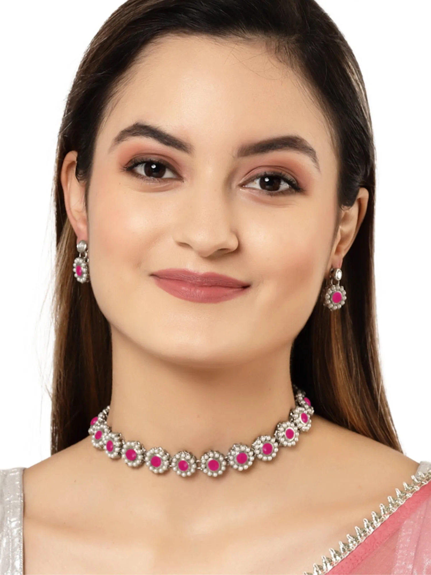 Karatcart Oxidised Silver Red Kundan and Pearl Choker Necklace Set