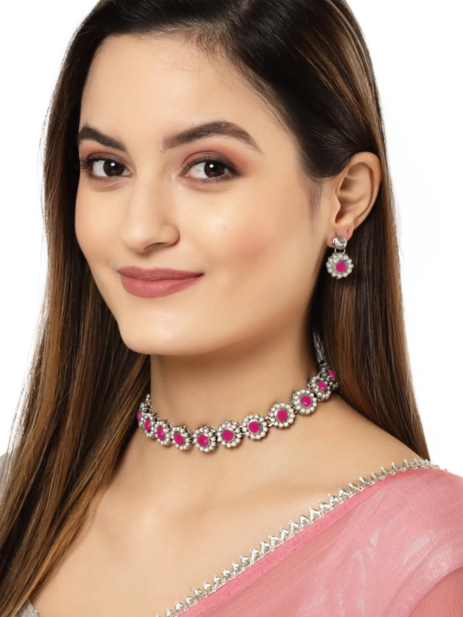 Karatcart Oxidised Silver Red Kundan and Pearl Choker Necklace Set