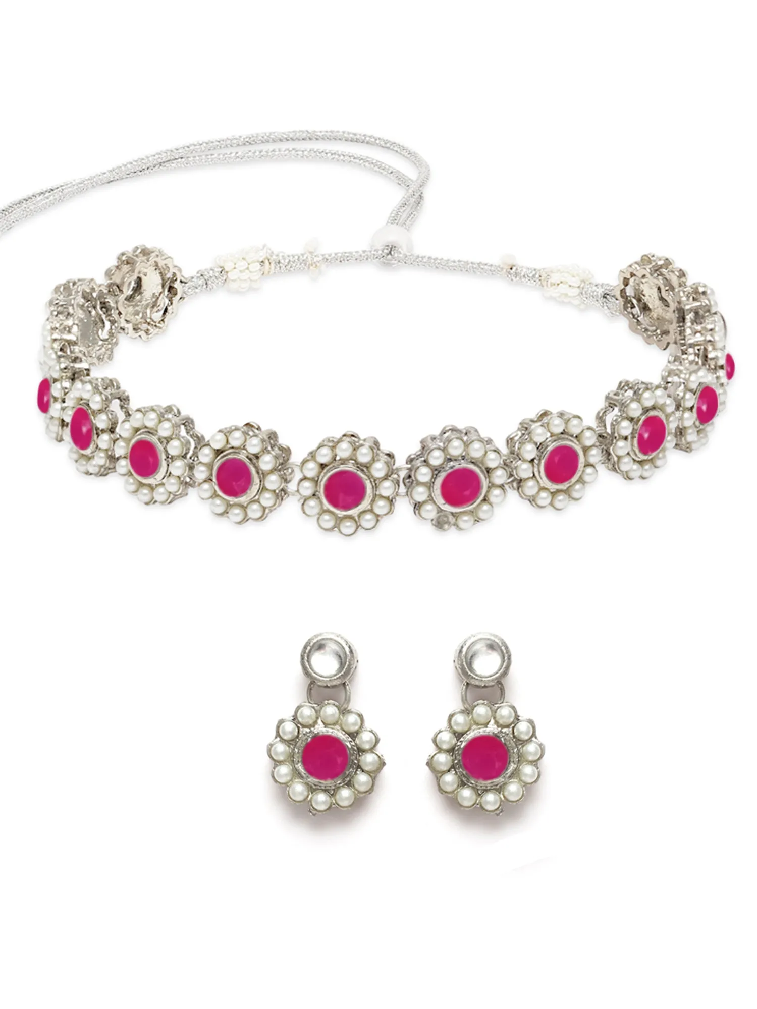 Karatcart Oxidised Silver Red Kundan and Pearl Choker Necklace Set