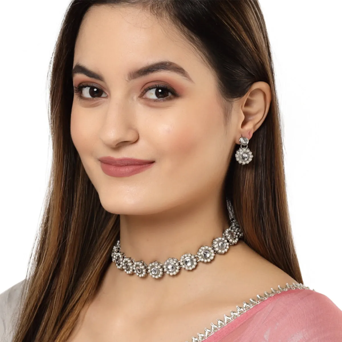 Karatcart Oxidised Silver White Kundan and Pearl Choker Necklace Setfor Women