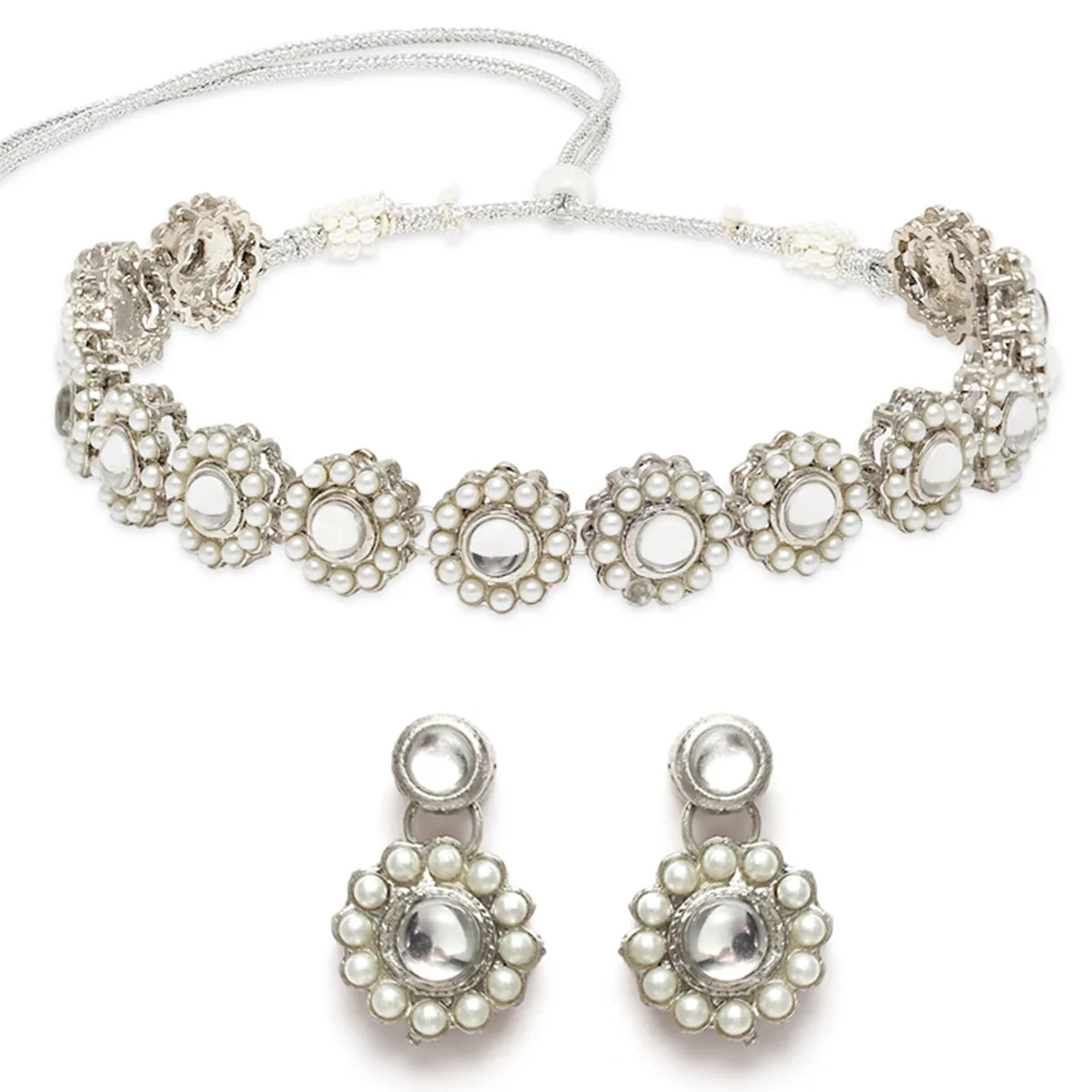 Karatcart Oxidised Silver White Kundan and Pearl Choker Necklace Setfor Women