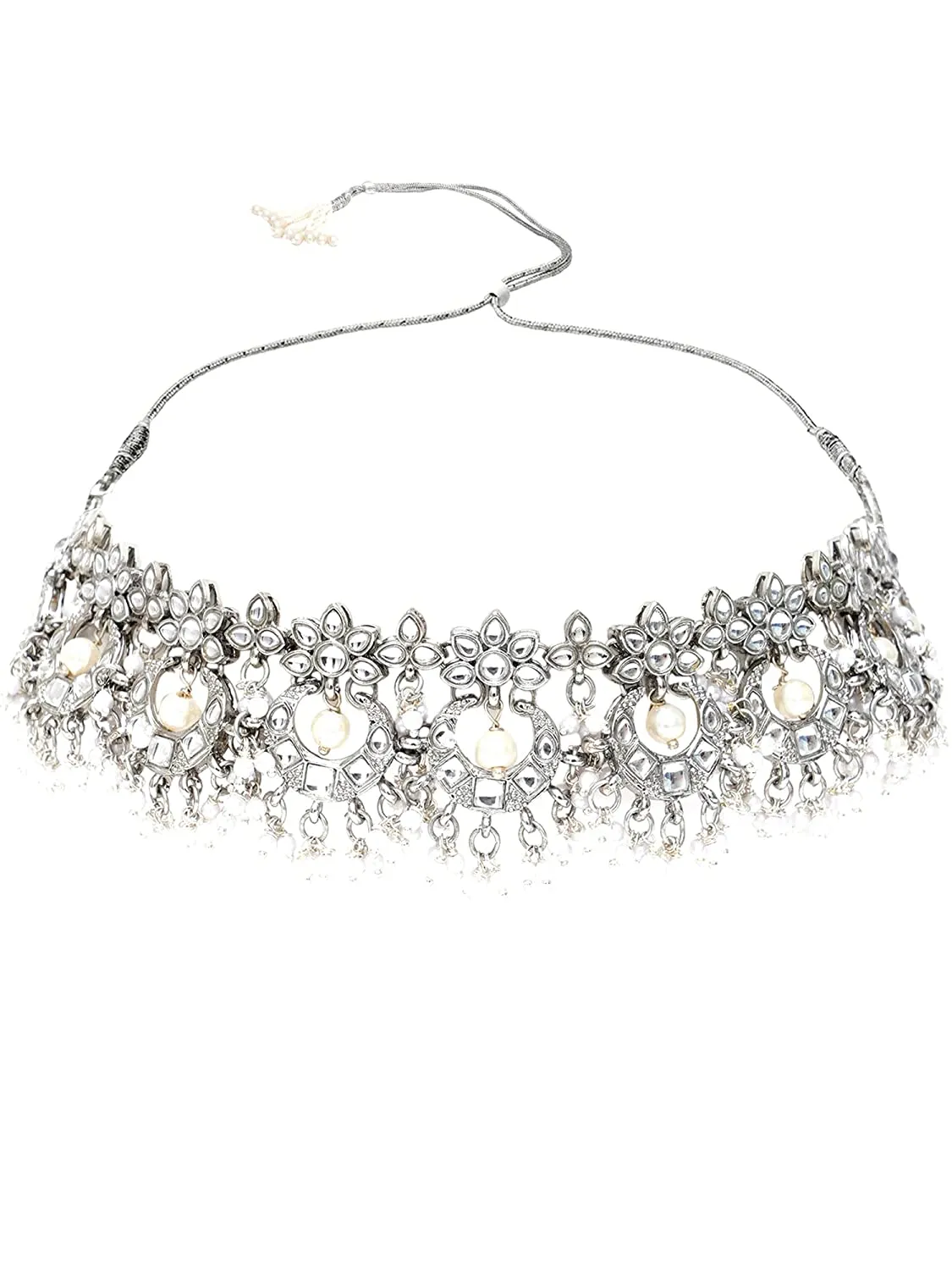 Karatcart Oxidised Silver White Kundan Choker Necklace Set for Women