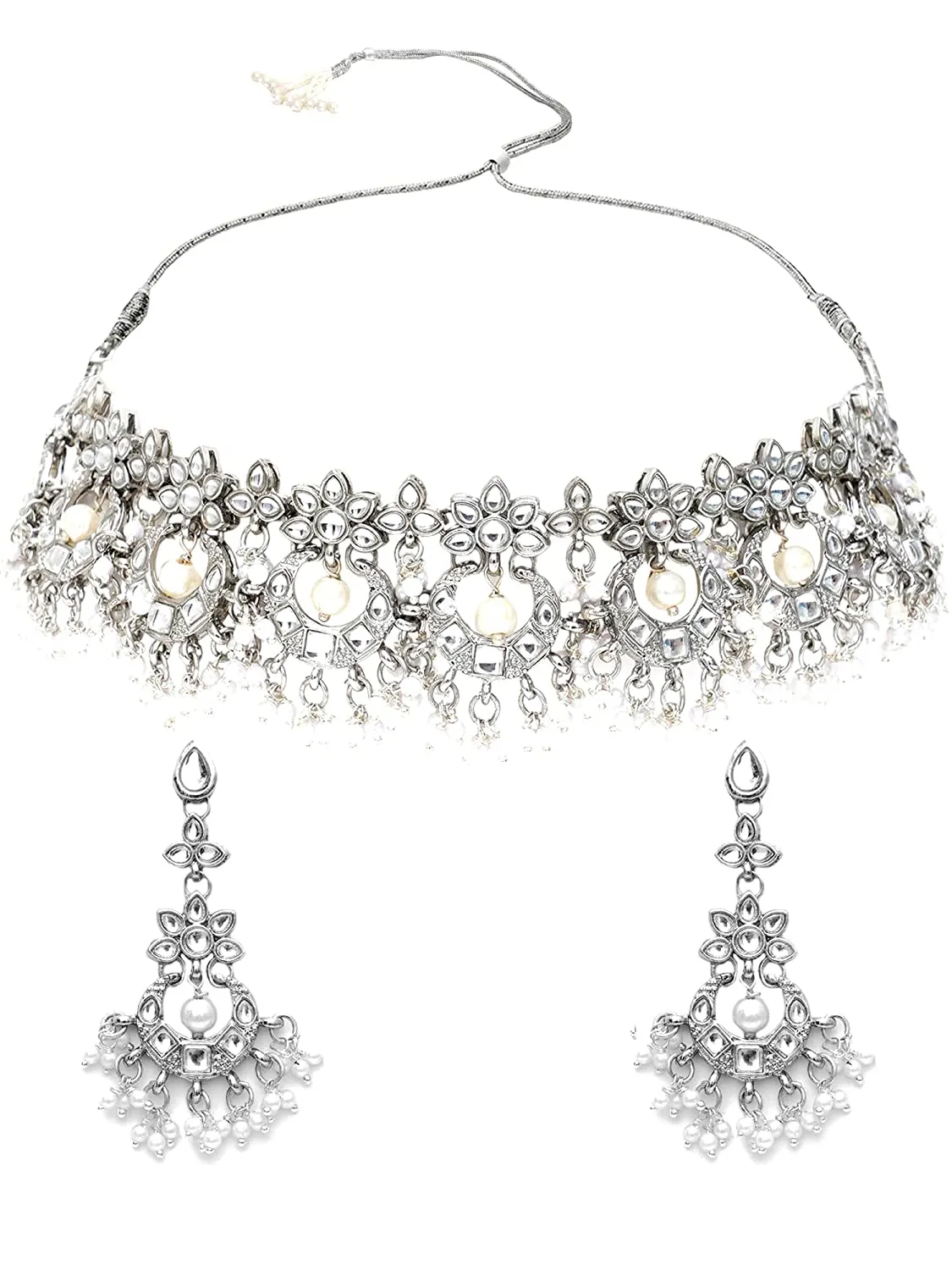 Karatcart Oxidised Silver White Kundan Choker Necklace Set for Women