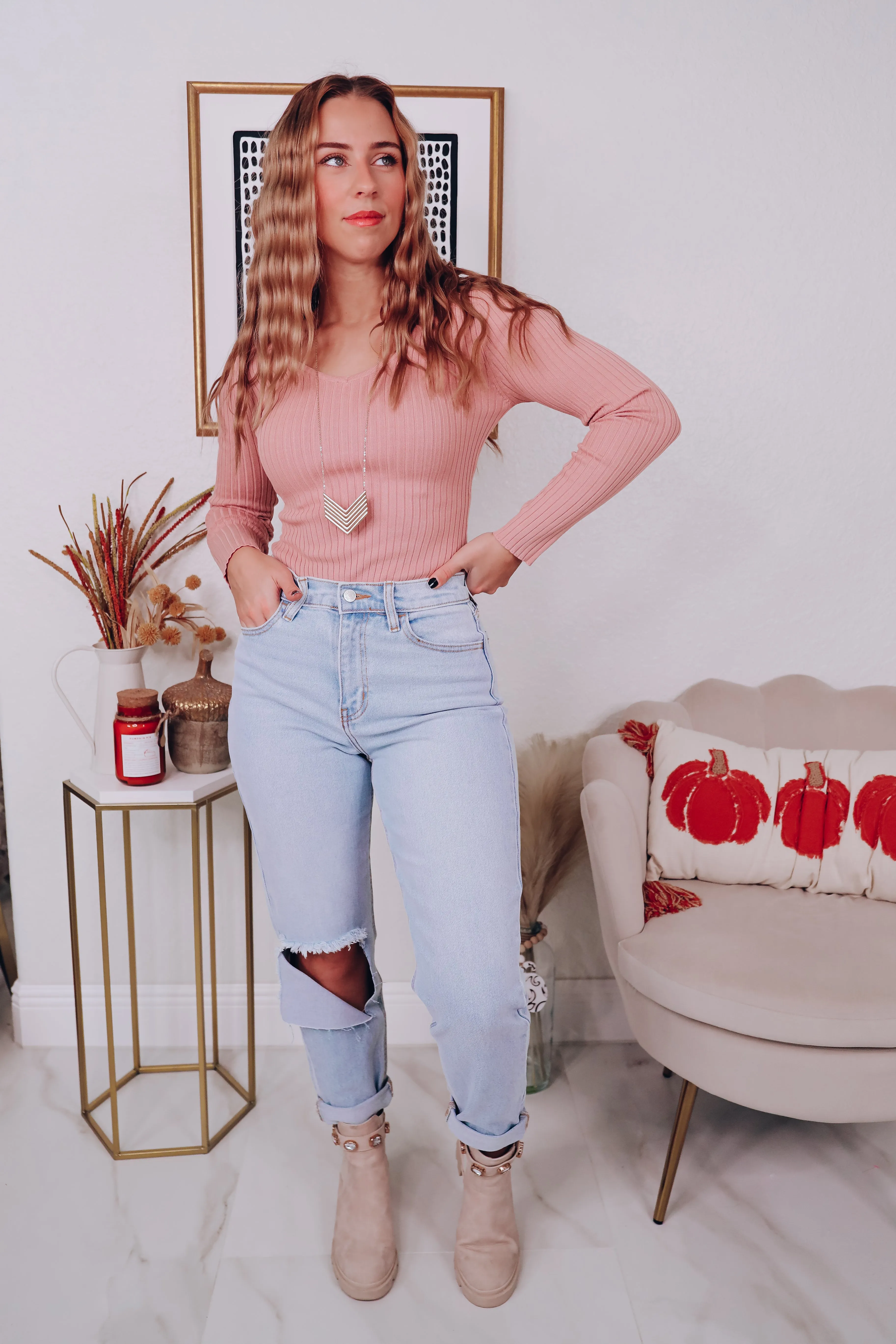 Kiersten V-Neck Knit Bodysuit - Mauve