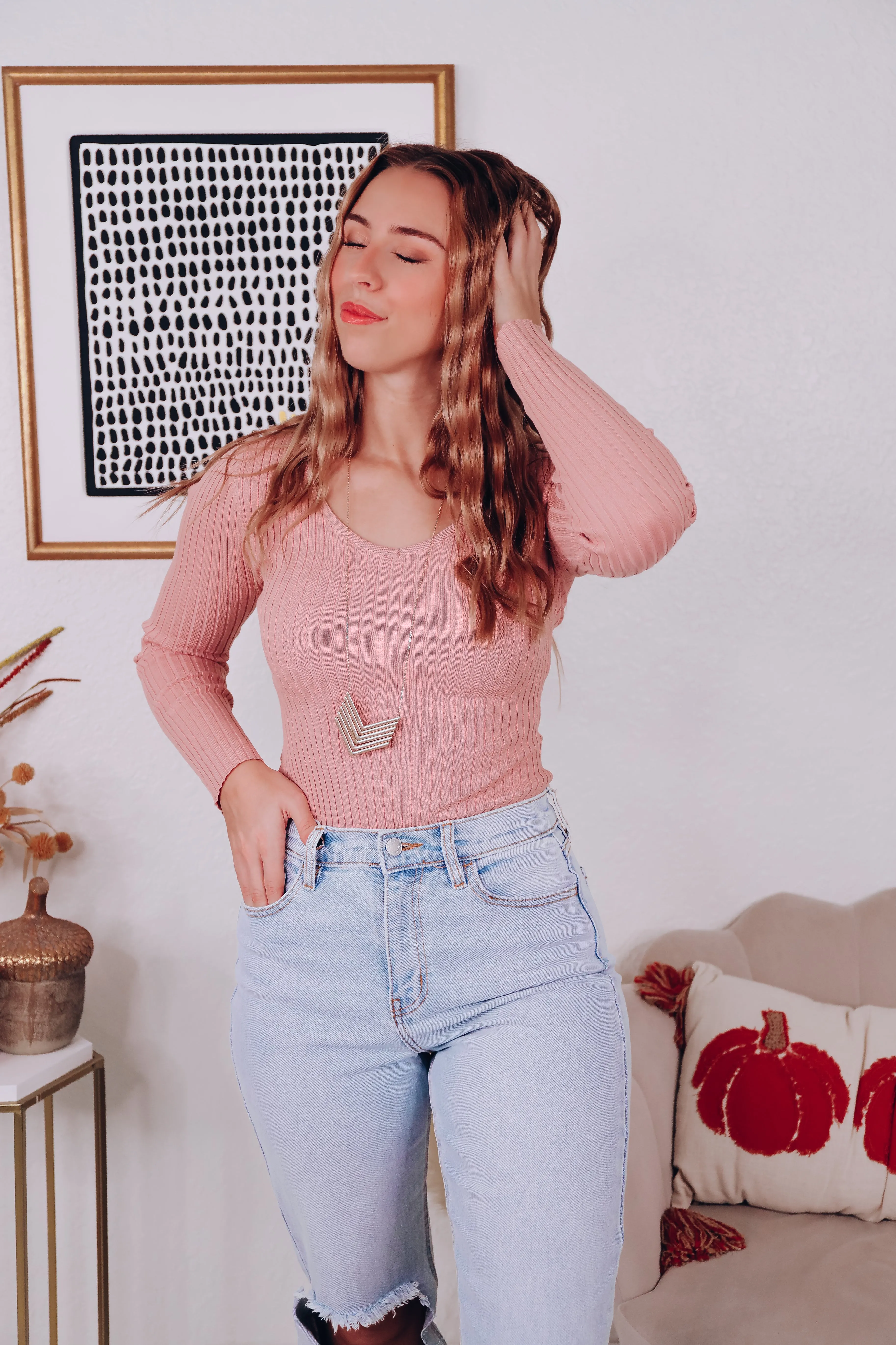 Kiersten V-Neck Knit Bodysuit - Mauve