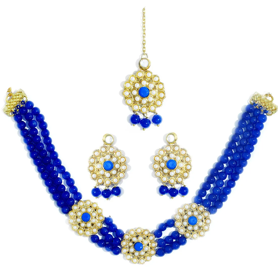 Kundan Royal Blue Beaded Choker Necklace Set