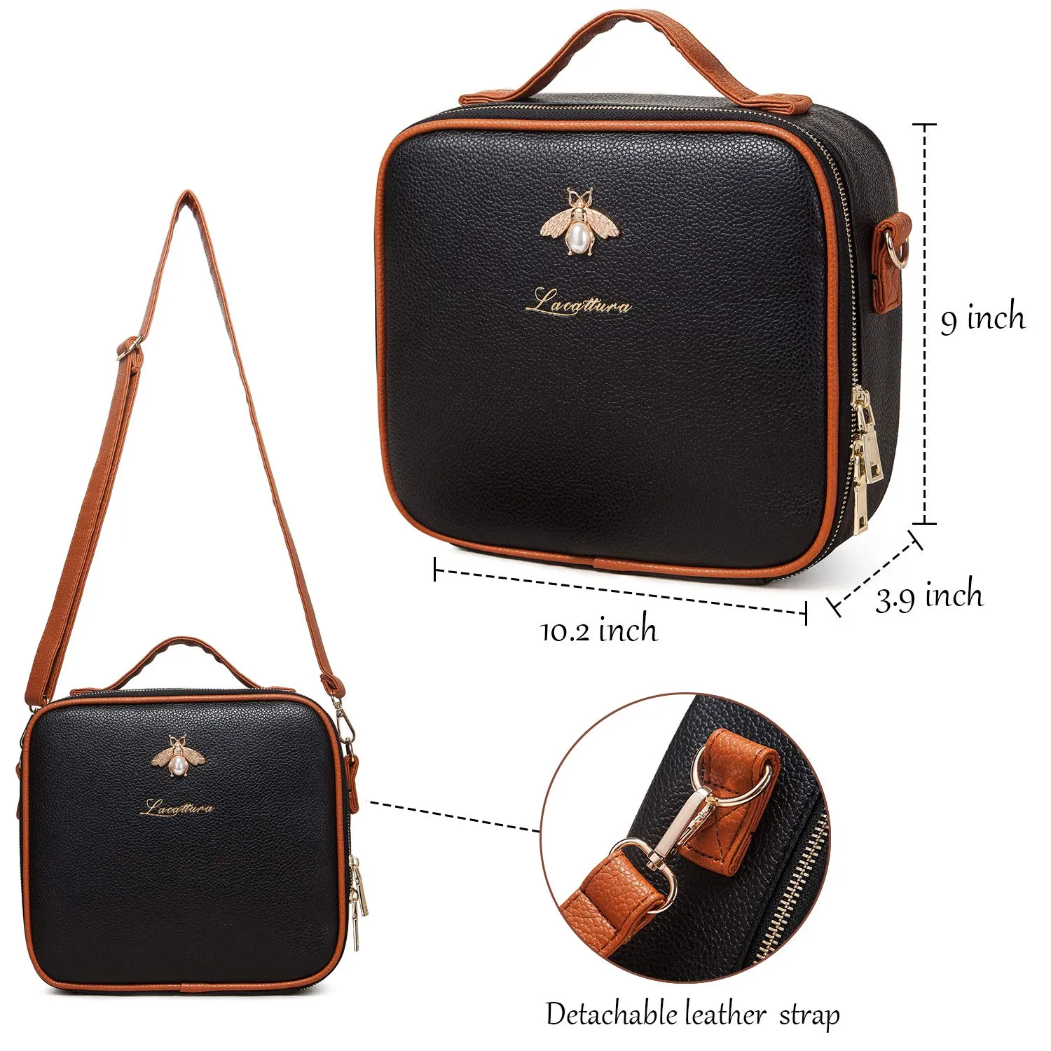LACATTURA Travel Makeup bag, Leather Makeup Train Case Cosmetic Organizer for Makeup Brushes Toiletry Digital Accessories, Portable Artist Storage Bag With Shoulder Strap for Women lady Black