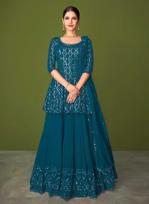 Light Blue Sequins Embroidered Lehenga Style Designer Suit