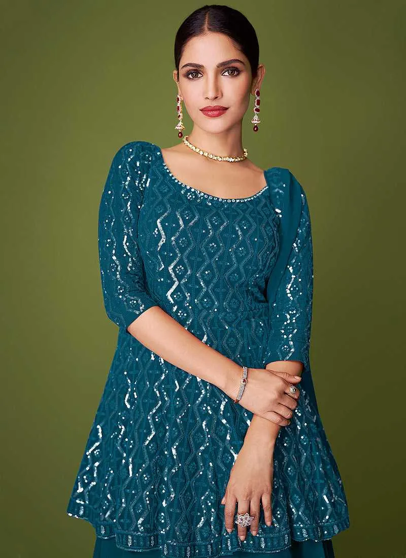 Light Blue Sequins Embroidered Lehenga Style Designer Suit