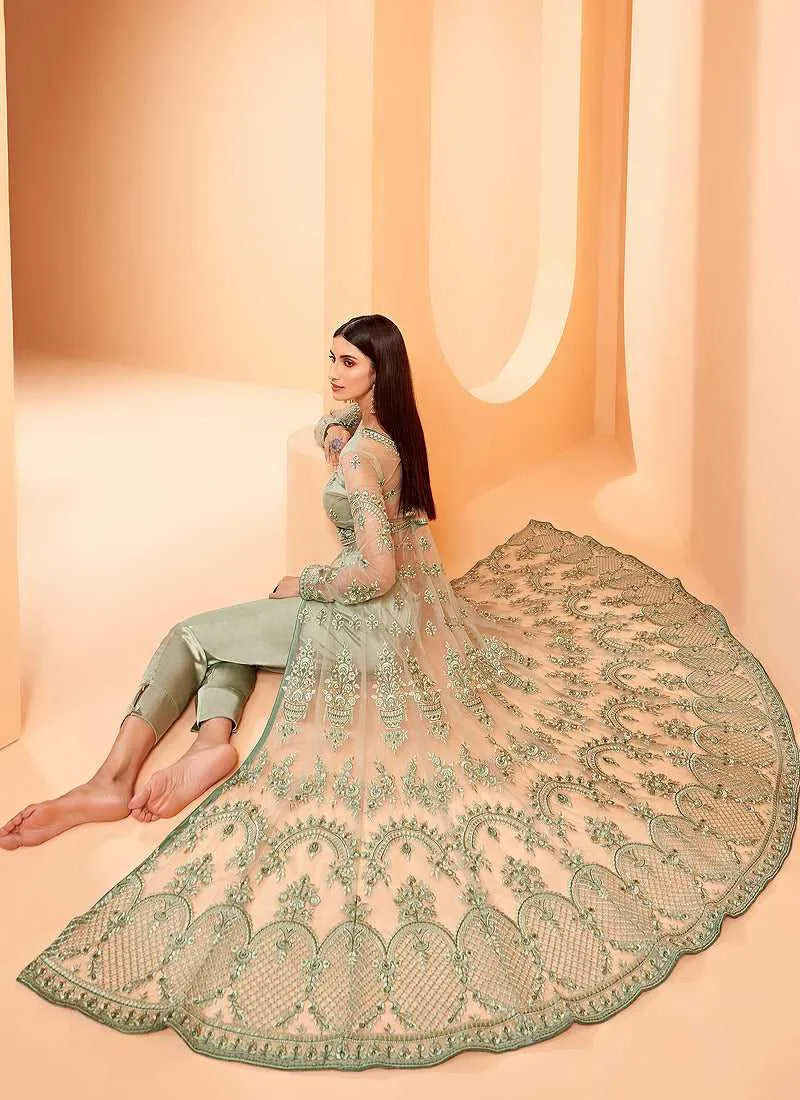 Light Green Heavy Designer Embroidered Lehenga/ Pant Style Anarkali