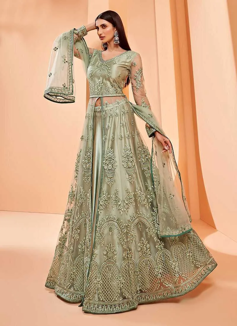 Light Green Heavy Designer Embroidered Lehenga/ Pant Style Anarkali