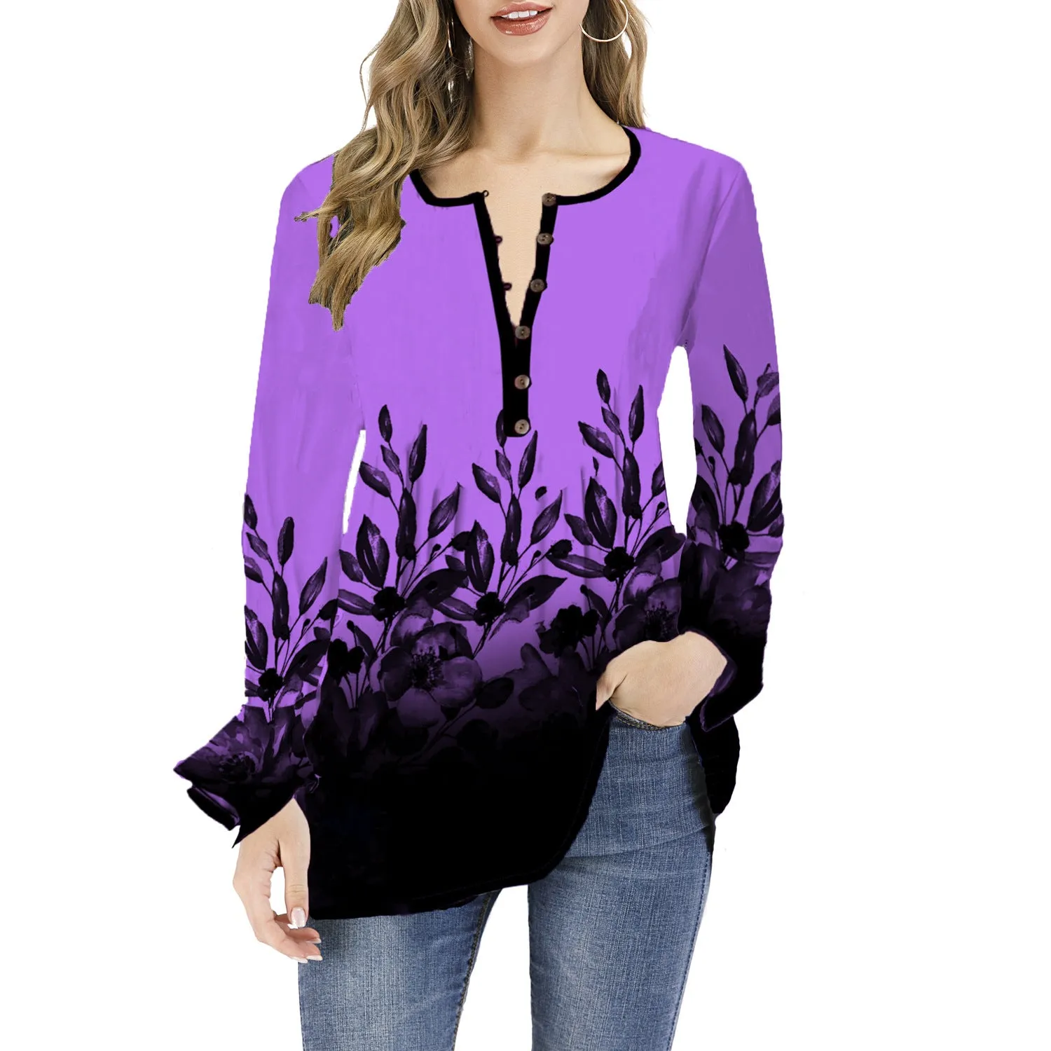 Long Sleeved leafy Patterned Blouse with Bell Sleeves