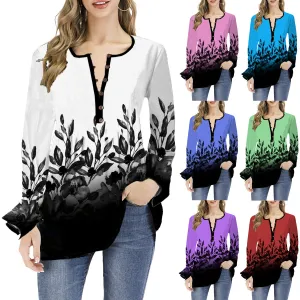 Long Sleeved leafy Patterned Blouse with Bell Sleeves
