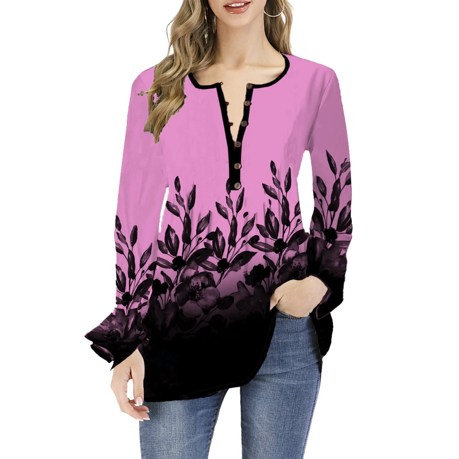 Long Sleeved leafy Patterned Blouse with Bell Sleeves