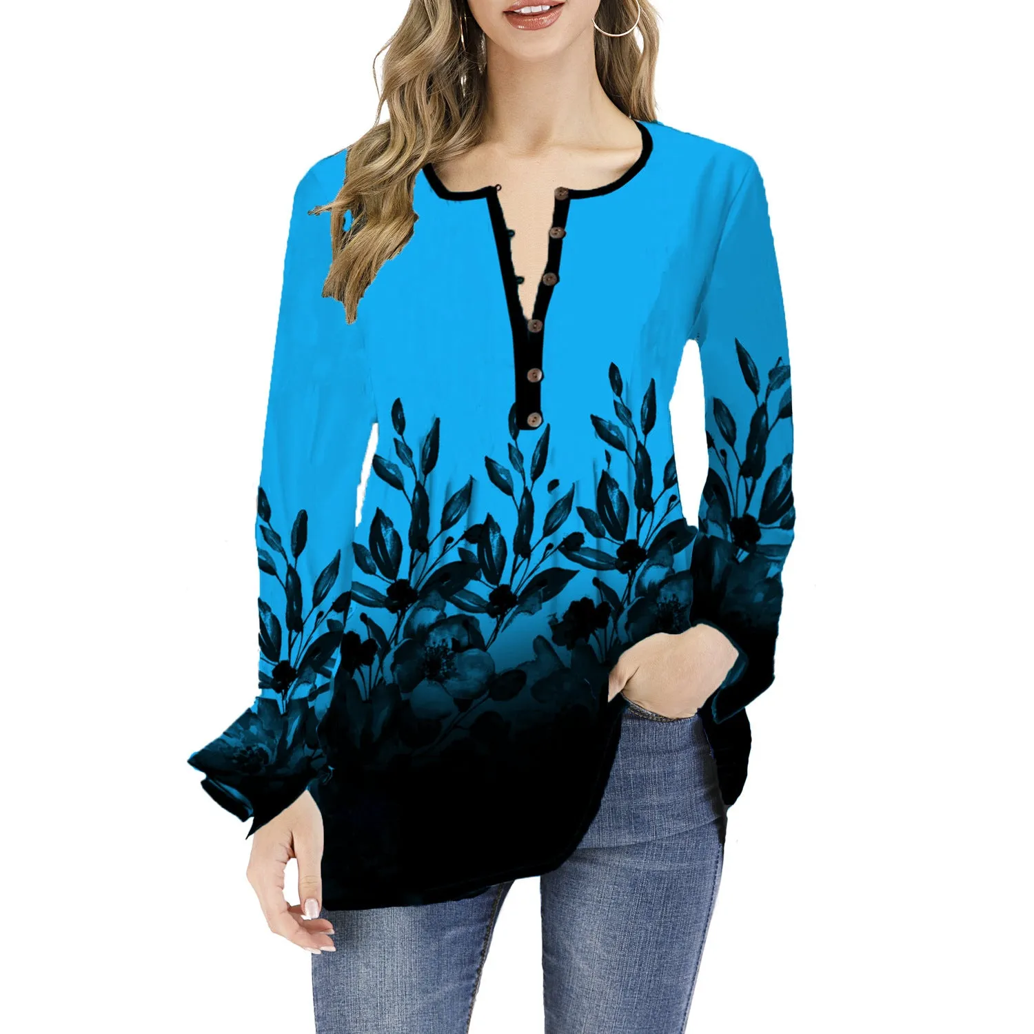 Long Sleeved leafy Patterned Blouse with Bell Sleeves