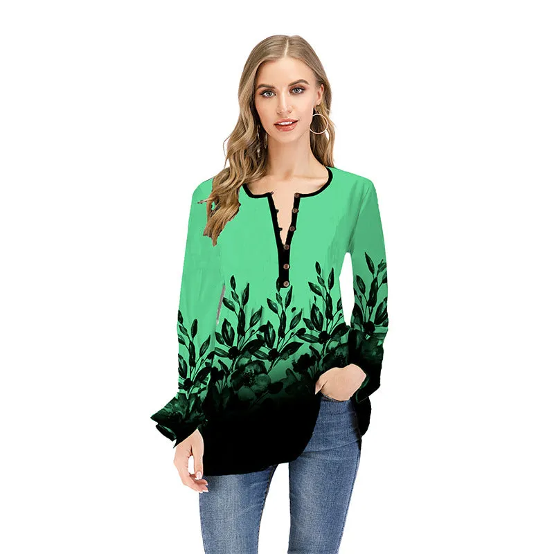 Long Sleeved leafy Patterned Blouse with Bell Sleeves