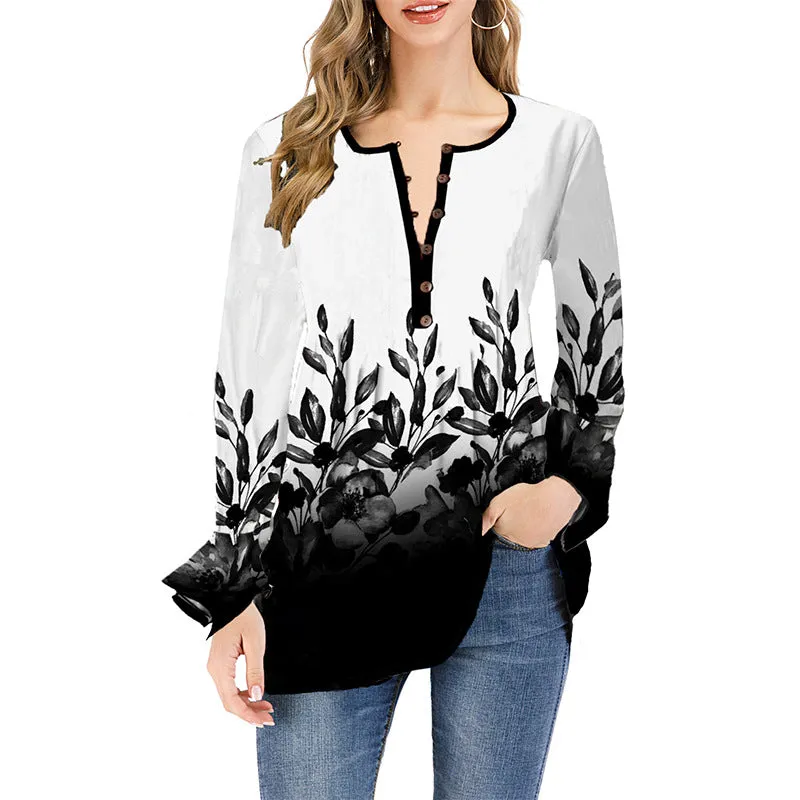Long Sleeved leafy Patterned Blouse with Bell Sleeves