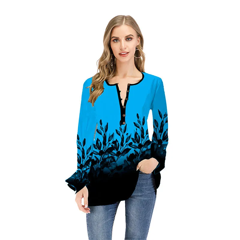 Long Sleeved leafy Patterned Blouse with Bell Sleeves
