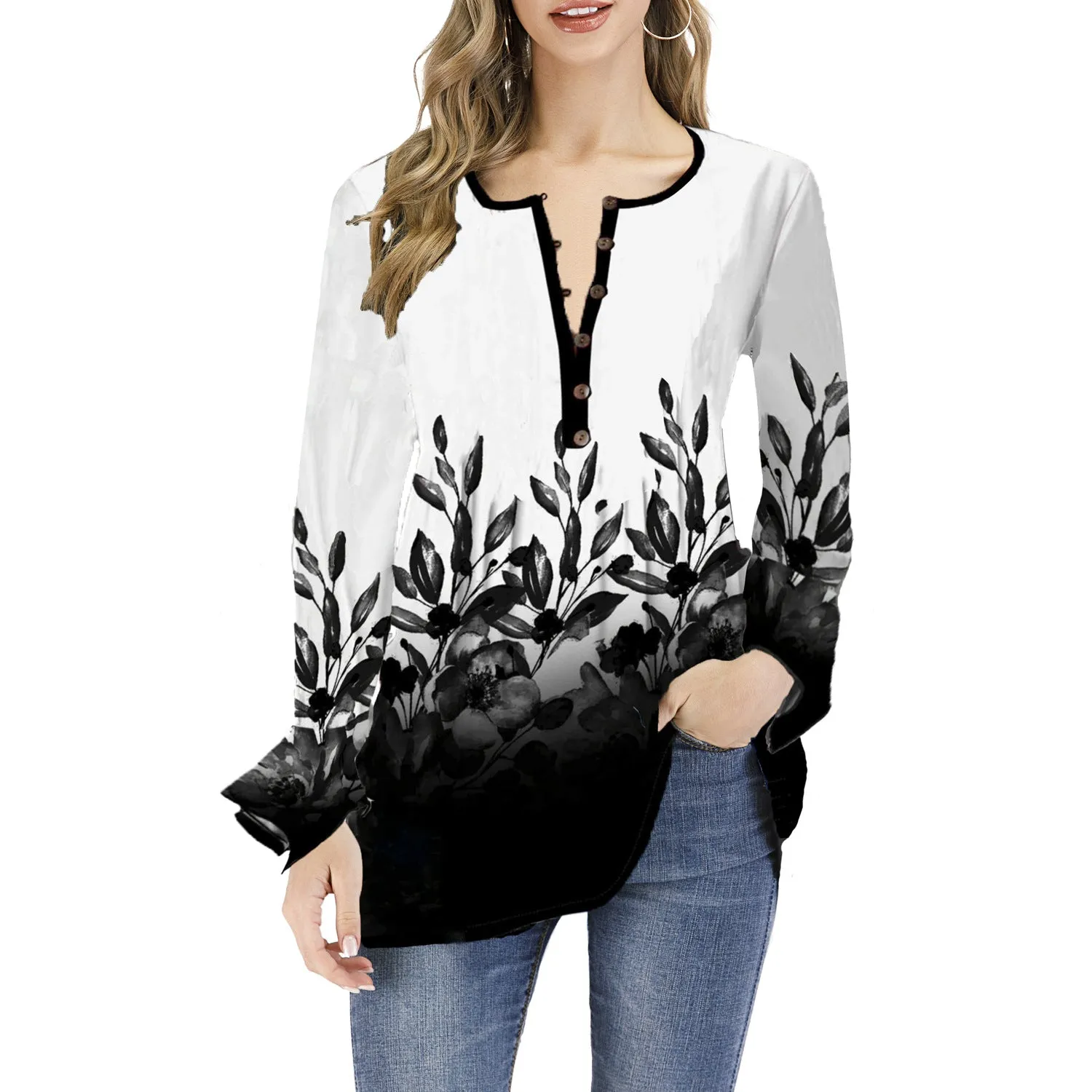Long Sleeved leafy Patterned Blouse with Bell Sleeves