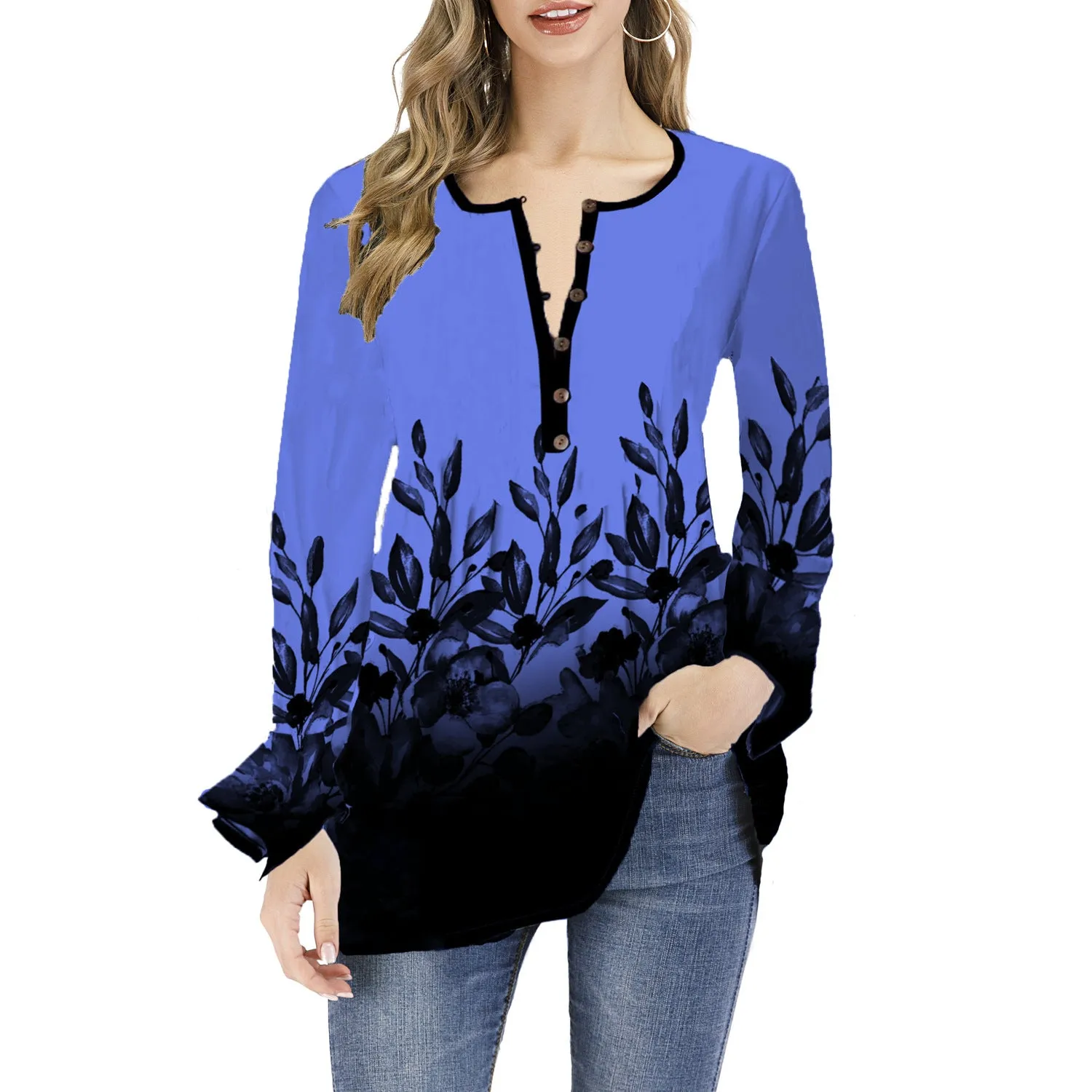 Long Sleeved leafy Patterned Blouse with Bell Sleeves