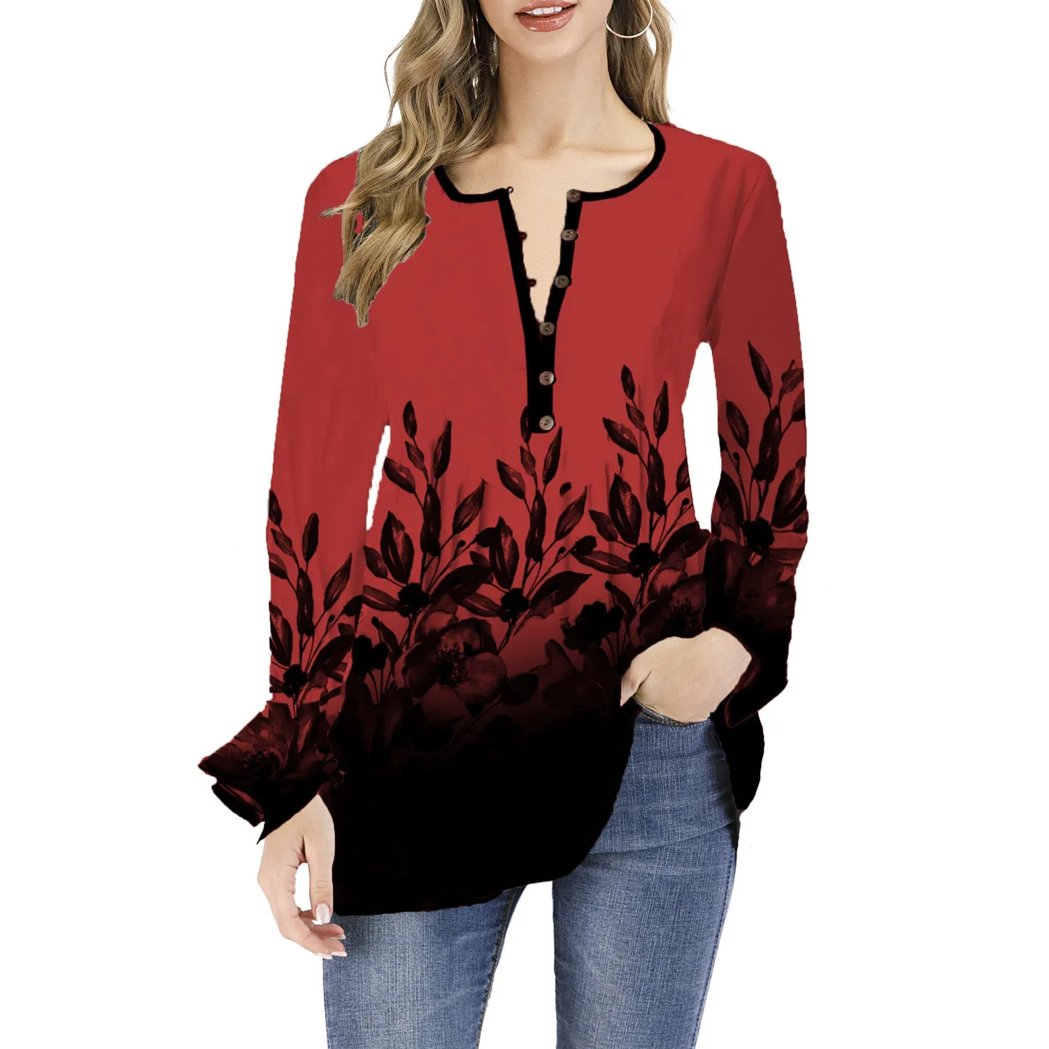 Long Sleeved leafy Patterned Blouse with Bell Sleeves