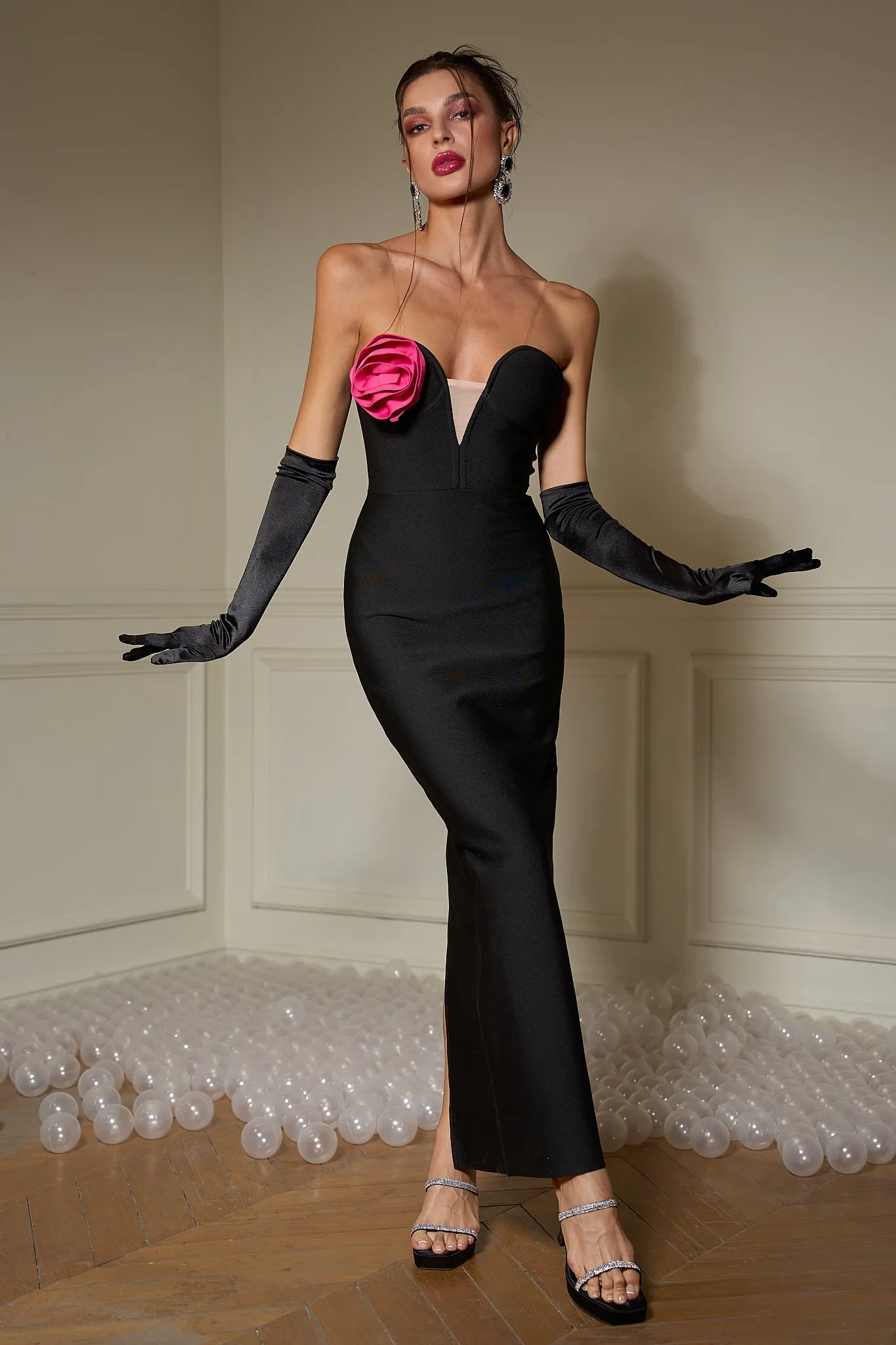 Lucile Strapless Rosette Maxi Dress