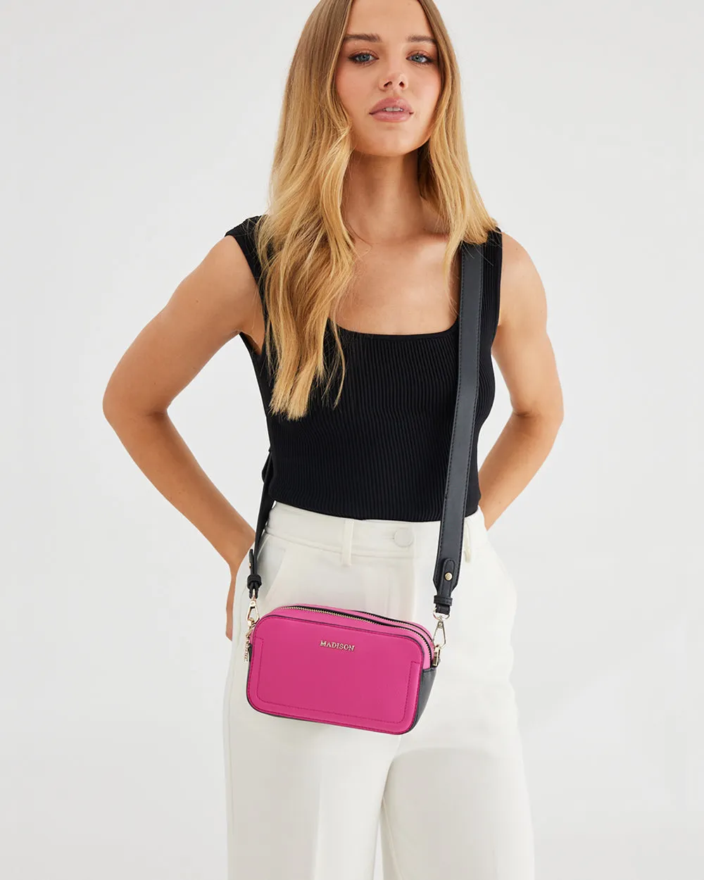 Maddie Double Zip Camera Crossbody Bag with Wide Strap