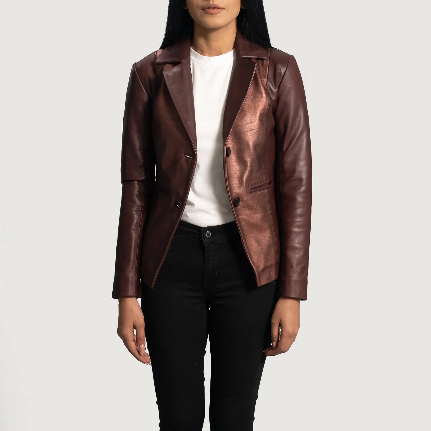 Madelyn Metallic Maroon Leather Blazer