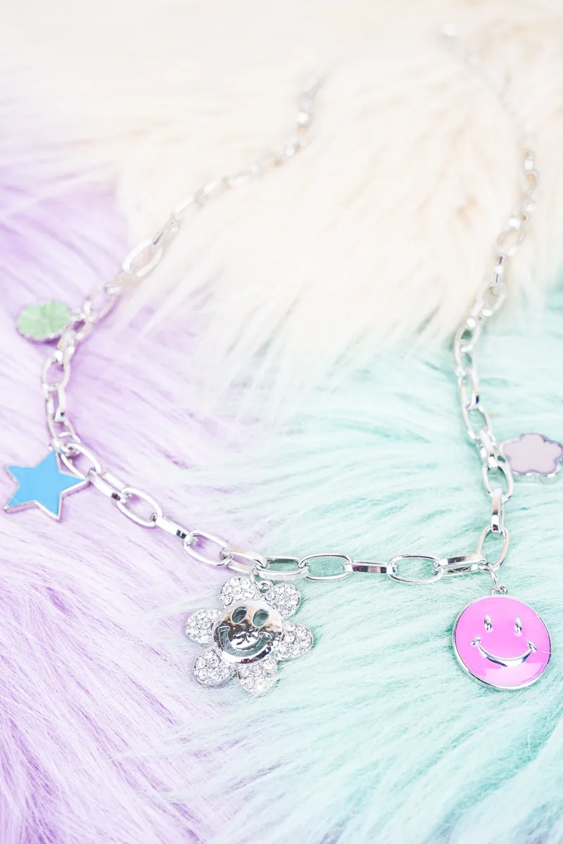 Make Me Smile Crystal Silvertone Charm Necklace