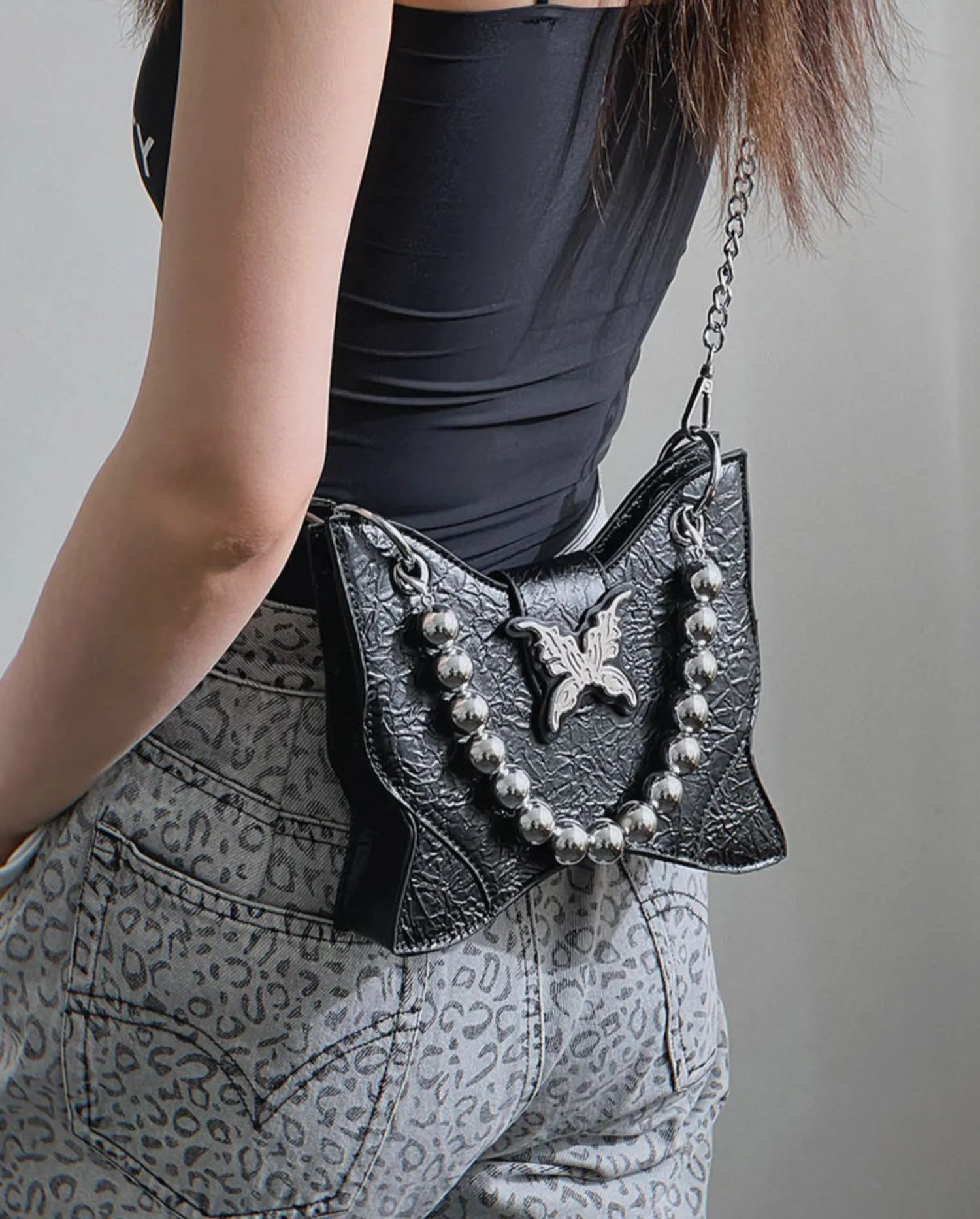 Mariposa Black Butterfly Wings Shaped PU Leather Solid Color Textured Wide Shoulder Bag Handbag