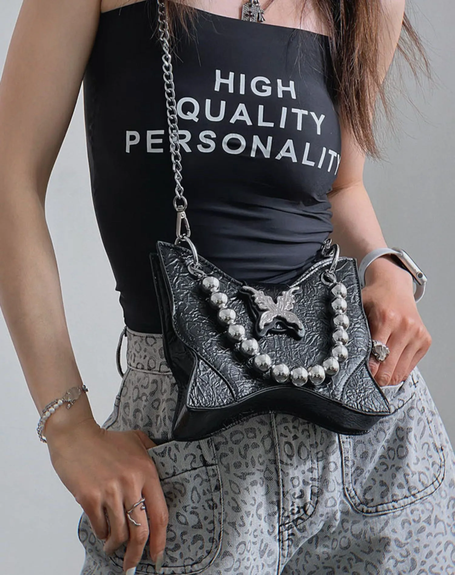 Mariposa Black Butterfly Wings Shaped PU Leather Solid Color Textured Wide Shoulder Bag Handbag