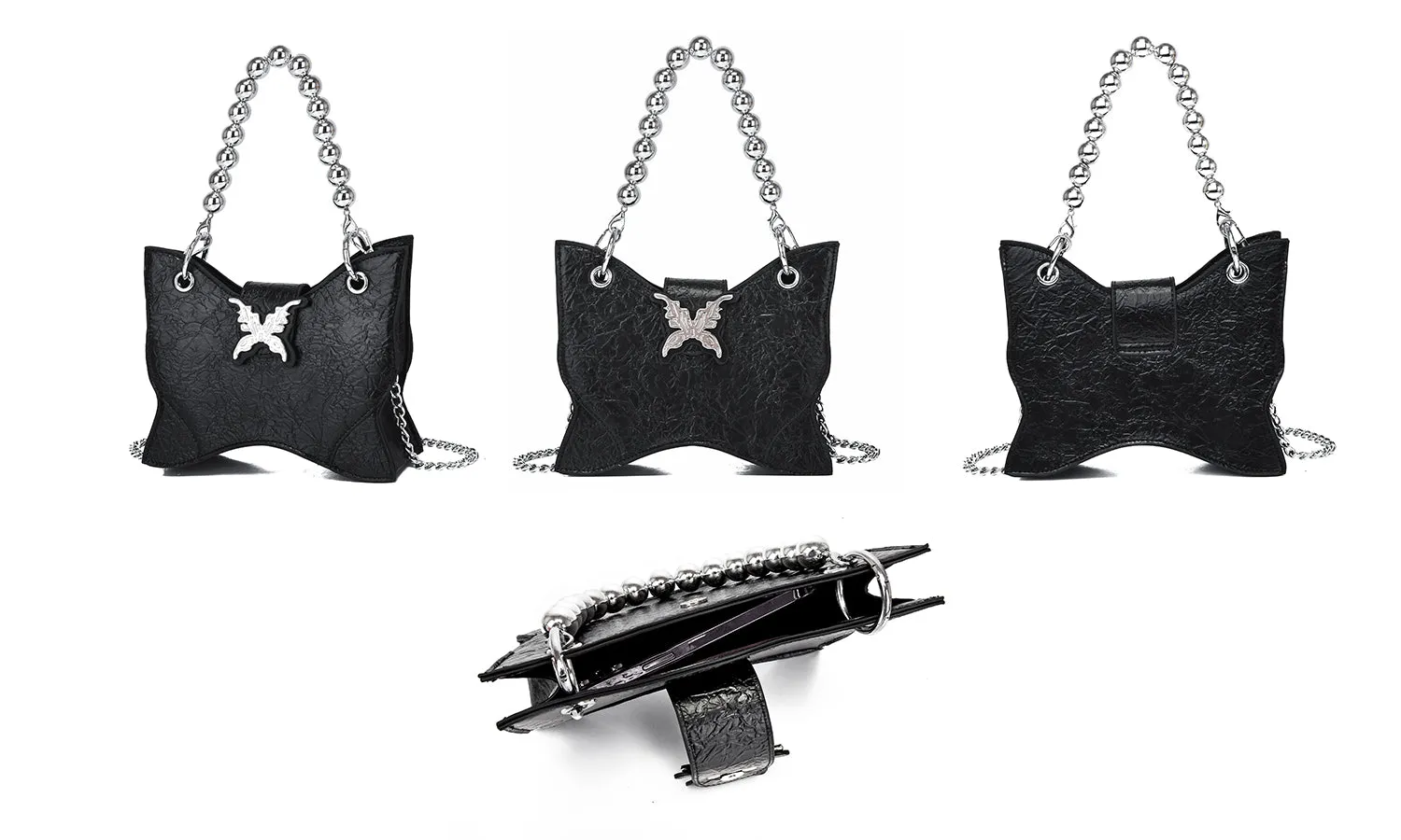 Mariposa Black Butterfly Wings Shaped PU Leather Solid Color Textured Wide Shoulder Bag Handbag