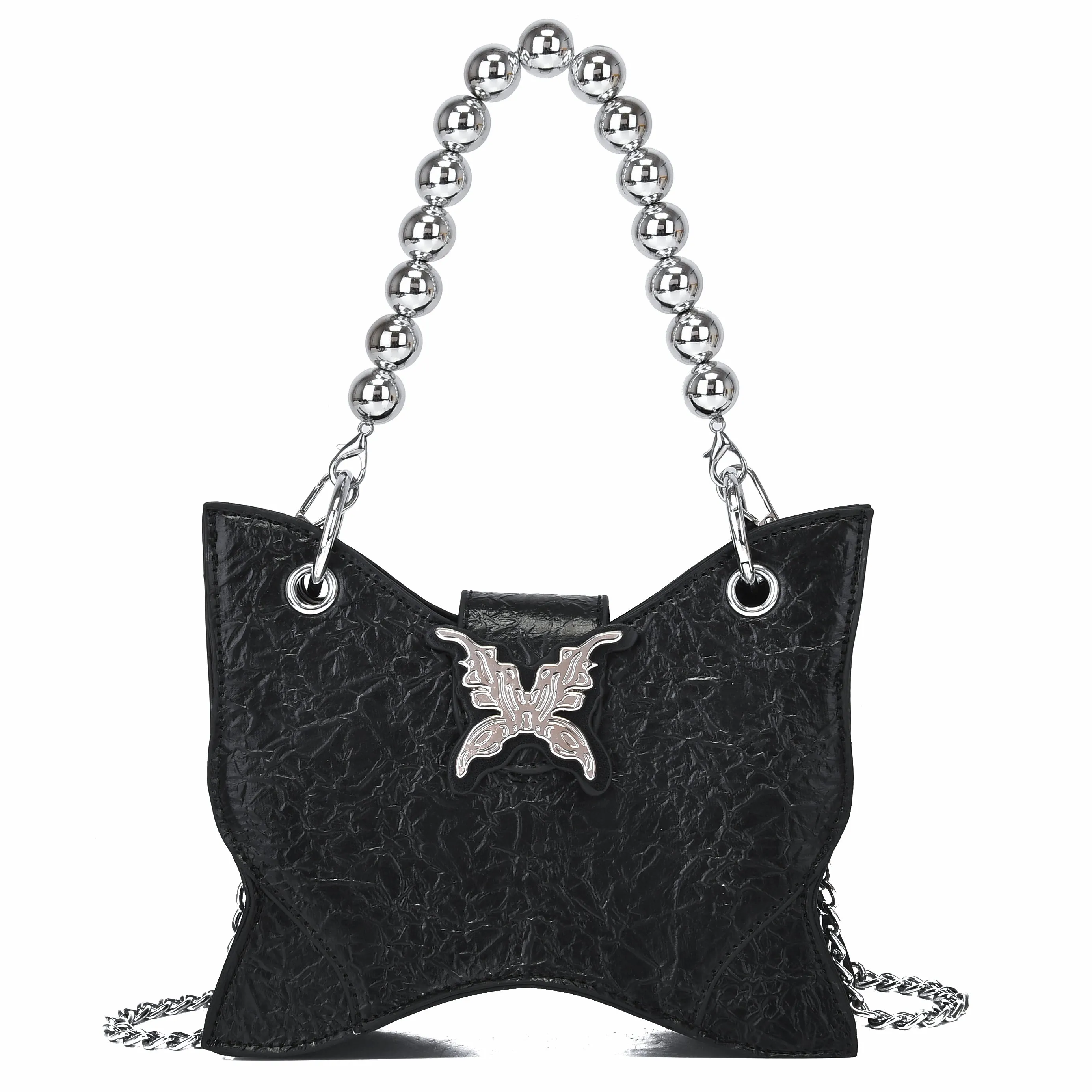 Mariposa Black Butterfly Wings Shaped PU Leather Solid Color Textured Wide Shoulder Bag Handbag