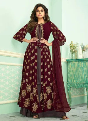 Maroon and Grey Heavy Embroidered Jacket Style Plazzo Suit